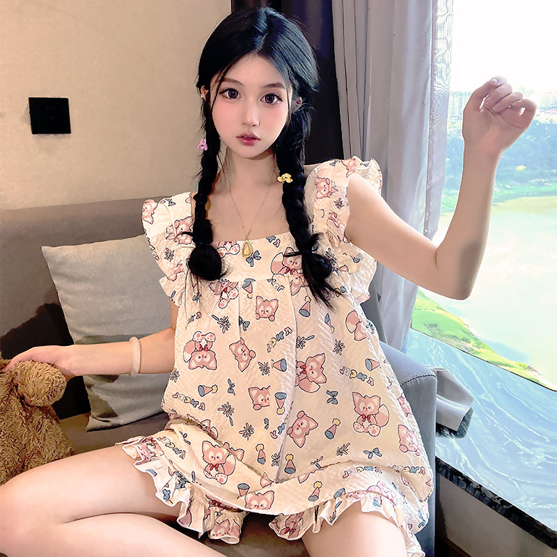 LN34117# 睡衣女夏季韩版新款小飞袖甜美可爱少女家居服两件套装网红 服裝批發女裝批發服飾貨源