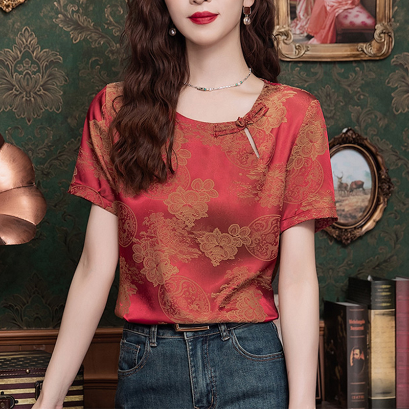 PF28500# 新中式新款女装潮流时尚复古提花甜美简约小众设计感T恤通勤女裝貨源服裝批發