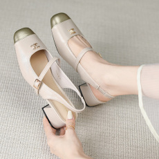 批发包头凉鞋新款高跟玛丽珍鞋子女春夏季拼色粗跟一字扣带单鞋