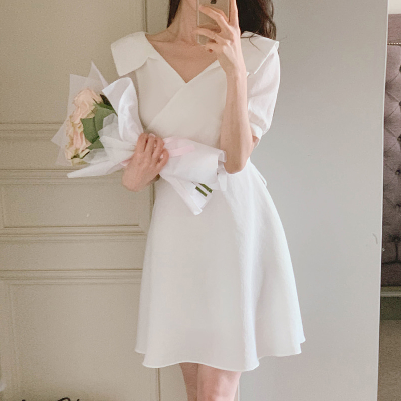 있음 선적 폴로 칼라 십자가 허리 수축 슬림해 보이는 드레스