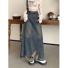 批发实拍复古破洞牛仔半身裙女2025年春秋新款高腰显瘦<b class='q'>中长款</b>a字裙