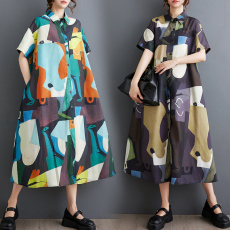 批发实拍夏新款宽松大码印花拼接休闲简约甜美短袖<b class='q'>连衣裙</b>