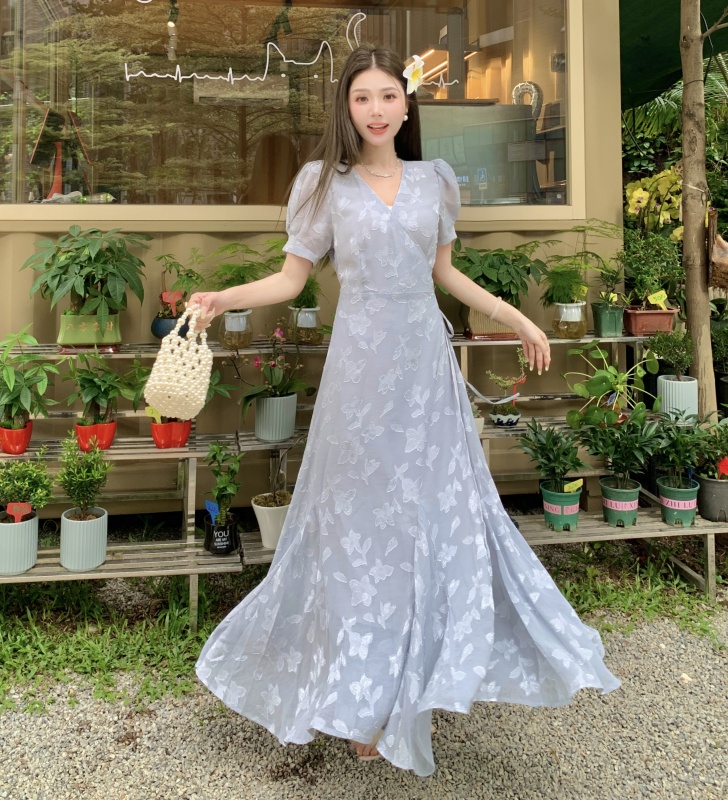 실사 빅 사이즈 여름 새로운 지방 mm 프랑스식 낭만주의 전단 꽃 디자인 센스 V넥 슬림해 보이는 롱 코트 인어 꼬리 드레스