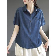 批发非实拍文艺复古纯色薄款全棉牛仔衬衫女士翻领短袖夏季时尚气质
