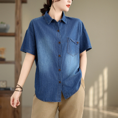 批发实拍新款文艺复古纯色薄款全棉牛仔衬衫女士翻领短袖夏季时尚气质