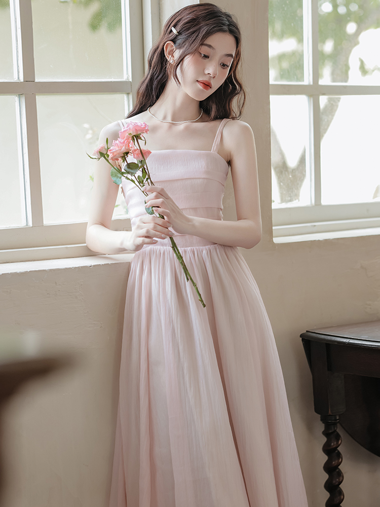 RY3669# 粉色吊带连衣裙子女夏季仙女超仙森系无袖长裙海边度假沙滩小个子