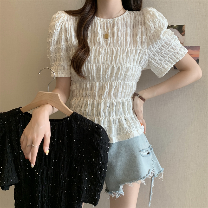 실사 빅 사이즈 여성 셔츠 둥근 얼굴 파삭 파삭 한 마이크로 달콤한 베일리 여름 한국 스타일 패션 새로운 몸매 가꾸기 슬림해 보이는 반팔 맨위