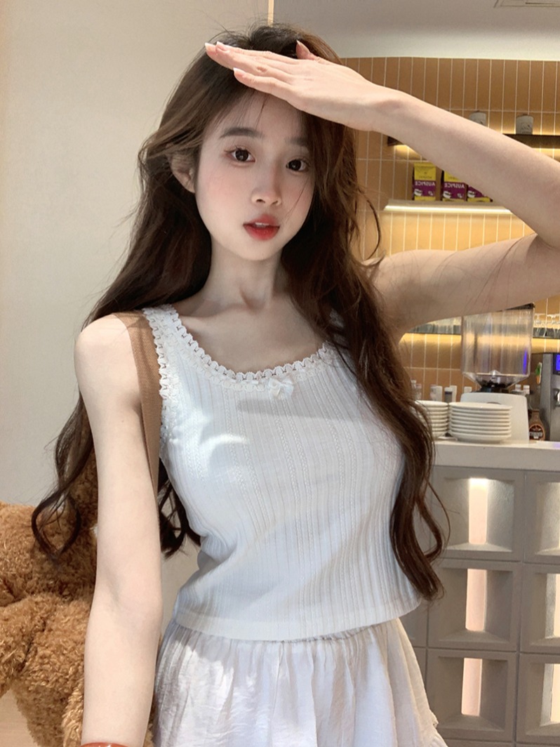 MY1828#  提花无袖背心女2025夏潮短款修身显瘦圆领花边韩版上衣女裝貨源服裝批發