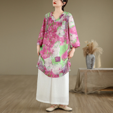 批发实拍复古印花苎麻七分袖衬衫大码女装洋气V领百搭中长款开叉上衣