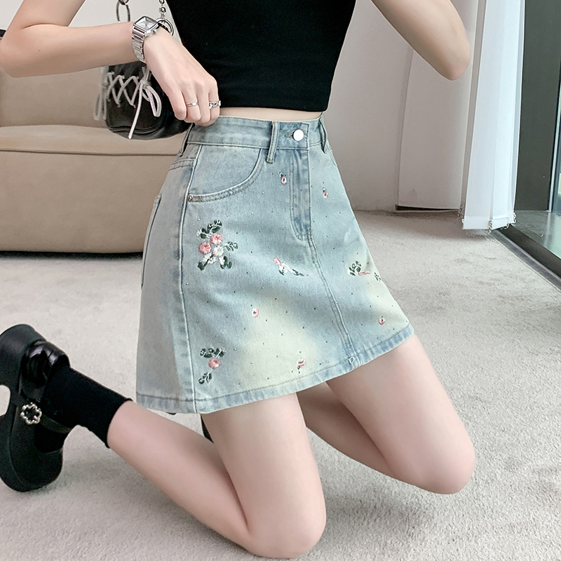 Real shot ~ New Chinese style Chinese style flower embroidered denim skirt for women high waist slimming anti-exposure hip skirt