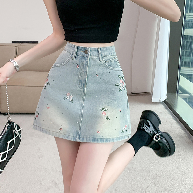 Real shot ~ New Chinese style Chinese style flower embroidered denim skirt for women high waist slimming anti-exposure hip skirt