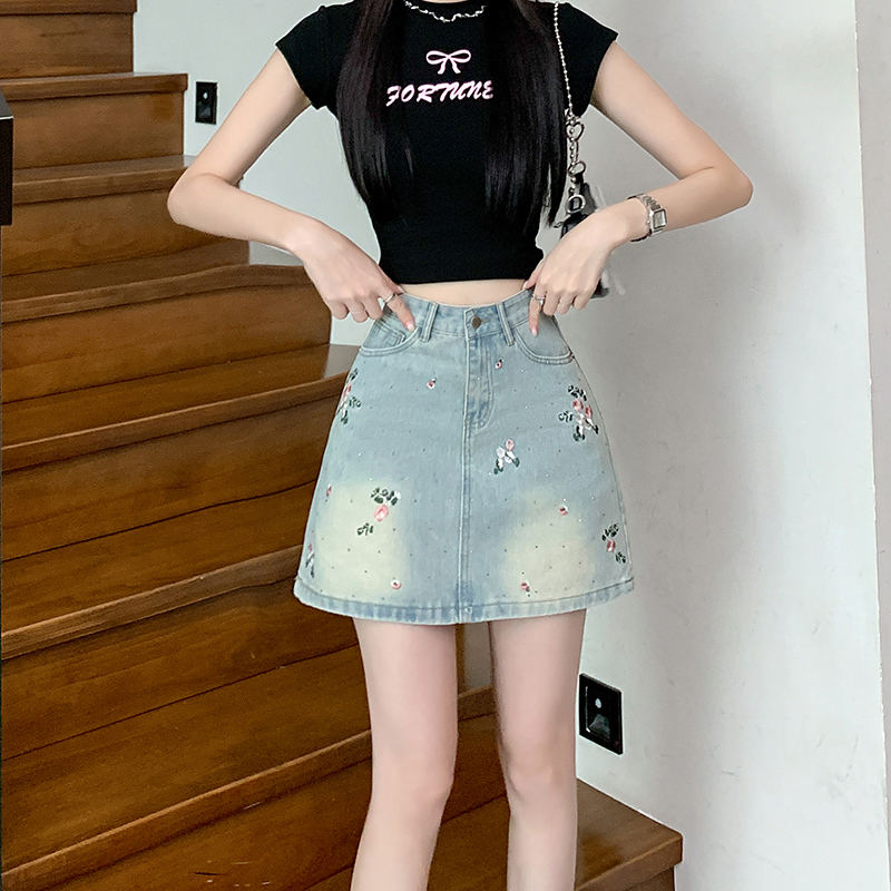 Real shot ~ New Chinese style Chinese style flower embroidered denim skirt for women high waist slimming anti-exposure hip skirt