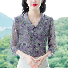 批发阔太太碎花中袖雪纺衫2026春夏新款宽松遮肉减龄上衣中年<b class='q'>妈妈装</b>女