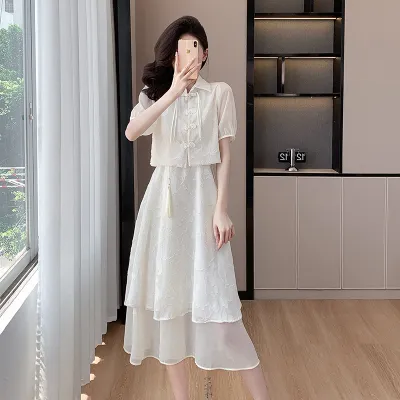 新中式改良旗袍国风套装连衣裙夏季2024新款汉服长裙子小个子8859