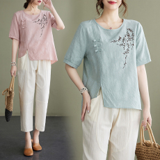 批发妈妈装<b class='q'>夏</b>款时尚套装短袖妇女t恤棉麻上衣中老年女绣花母亲节小衫