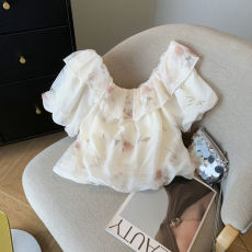批发实拍 花朵荷叶边泡泡袖衬衫女夏褶皱宽松<b class='q'>百搭</b>短款雪纺衫上衣