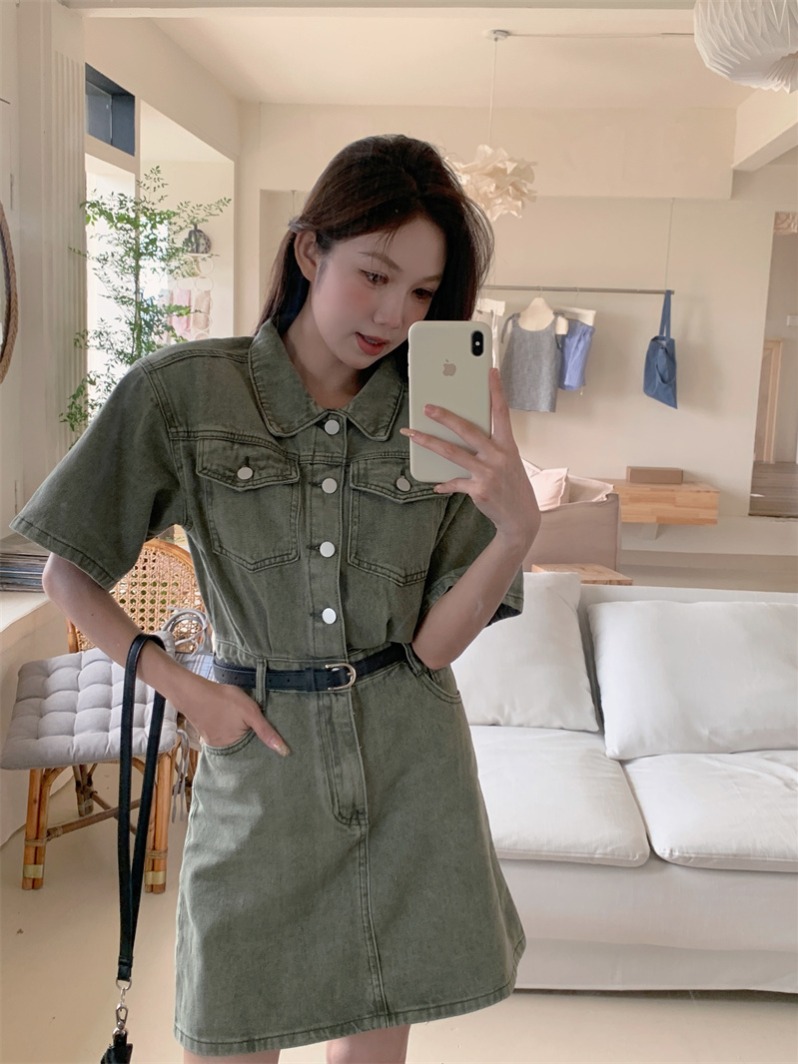 보내기 벨트 핑크색 프랑스식 데님 여성 드레스 여름 2025 새로운 허리 수축 품격 캐주얼 셔츠 치마