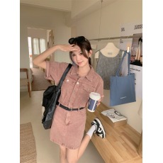 批发送皮带！夏新款法式收腰短裙气质短袖牛仔连衣裙女设计感粉色裙子