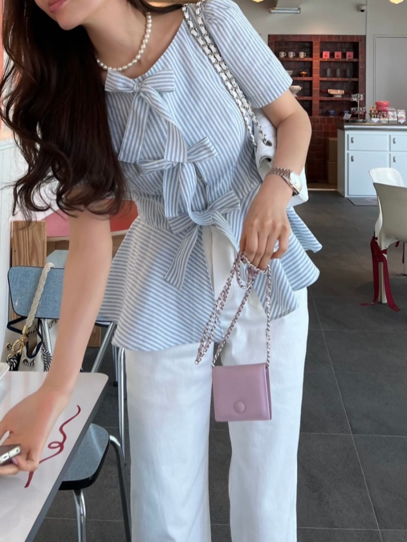 있음 선적 chic 한국 스타일 스트라이프 나비 매듭 셔츠