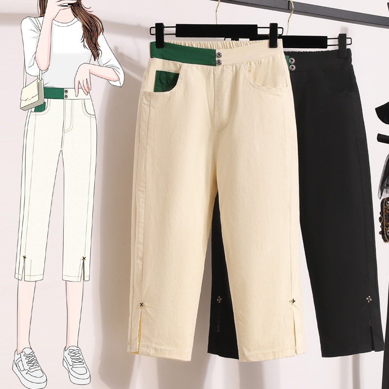 RY1970# 实拍夏新款欧版大码直筒 弹力七分休闲女裤胖MM薄款高腰八分中裤