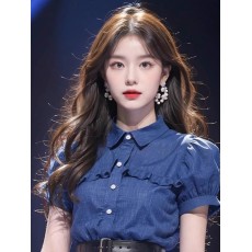 批发今年流行漂亮法式设计绝美气质蓝色荷叶边衬衫2026夏季新款小衫女