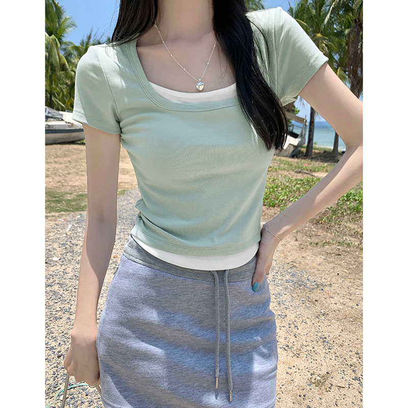 Real shot of Korean version of Dopamine fake two-piece square collar short top, white and versatile short-sleeved T-shirt