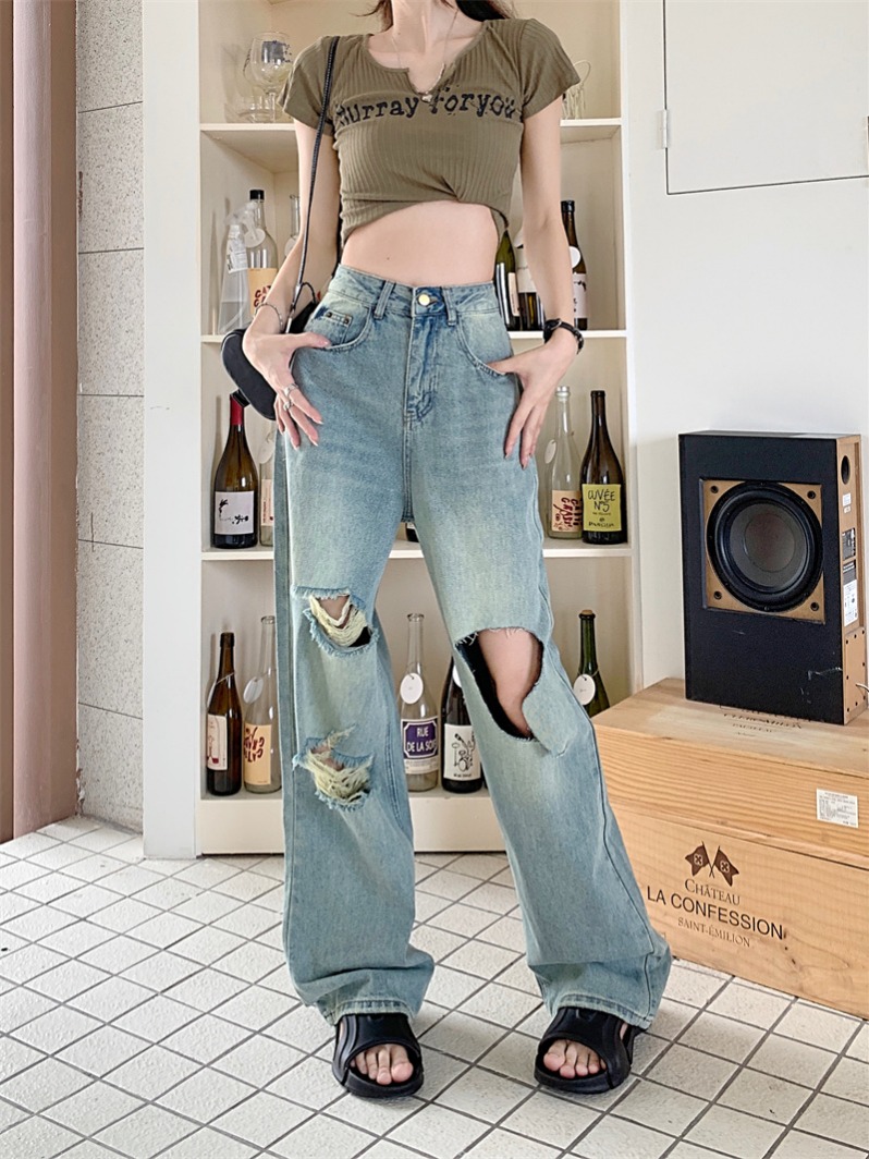 Real shot of ripped jeans for women, summer thin, 2024 new style, loose, high-waisted, floor-length straight wide-leg pants