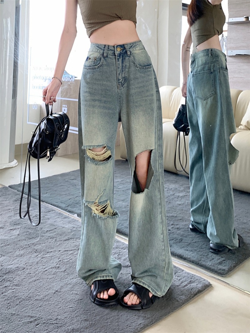 Real shot of ripped jeans for women, summer thin, 2024 new style, loose, high-waisted, floor-length straight wide-leg pants