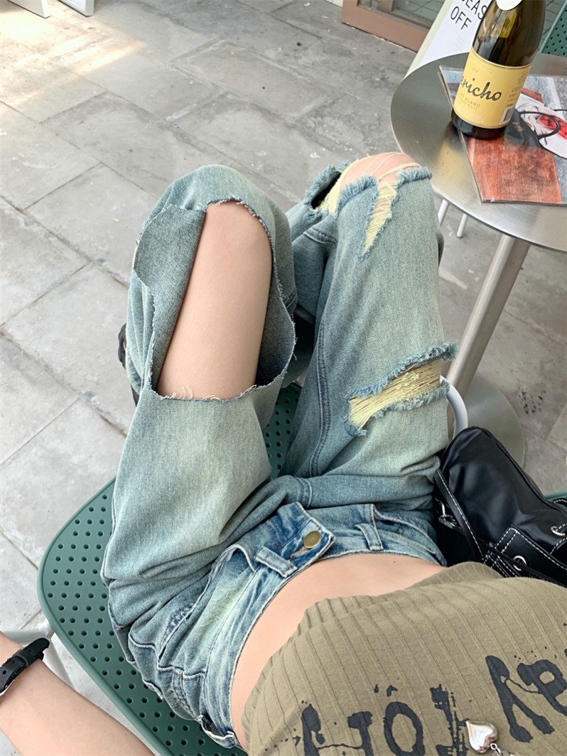 Real shot of ripped jeans for women, summer thin, 2024 new style, loose, high-waisted, floor-length straight wide-leg pants