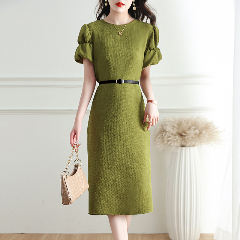 LN34823# 法式复古绿色泡泡袖夏季高级感小众设计宽松气质裙子 服裝批發女裝批發服飾貨源