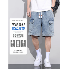 批发美式牛仔短裤男夏季薄款宽松直筒五分裤男女百搭休闲外穿工装中裤
