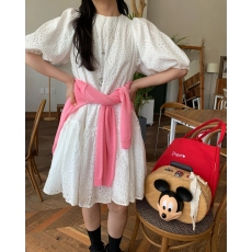 批发ins韩系重工蕾丝刺绣宽松百搭泡泡袖甜美减龄白色<b class='q'>连衣裙</b>夏