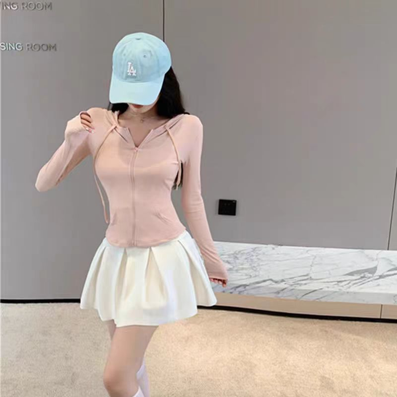 Ice silk sun protection clothing summer new long-sleeved pure lust style hot girl short high waist hooded cardigan sun protection top trendy ins