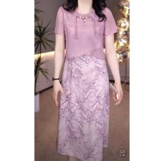 批发新中式假两件短袖连衣裙女2025<b class='q'>夏</b>季新款气质优雅<b class='q'>妈妈装</b>中长裙