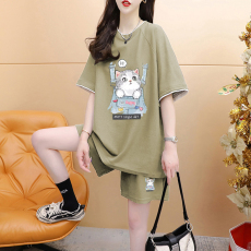 批发首发纯棉夏季休闲短袖T恤短裤套装女运动两件套