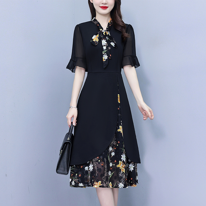 RY889# 中年妈妈大码女装2026新款短袖V领收腰显瘦遮肚子拼接雪纺连...