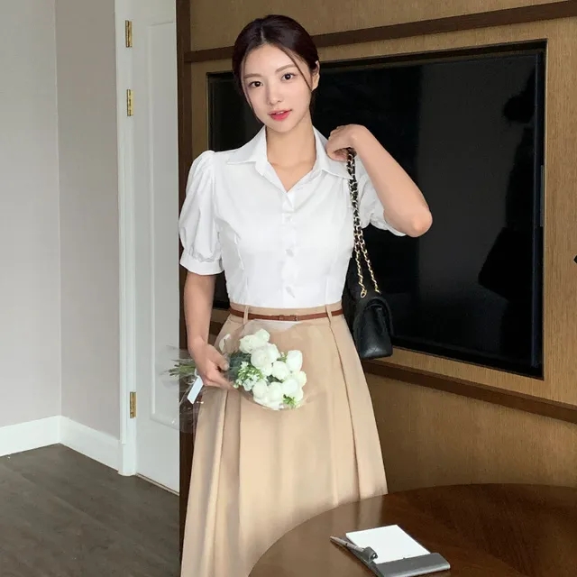 한국 chic 여름 새로운 프랑스식 빛 럭셔리 패션 품격 패치워크 셔츠 드레스 반팔 드레스 벨트 포함