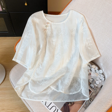 批发实拍大码文艺复古斜襟全棉绣花上衣女短袖圆领白色茶服小衫