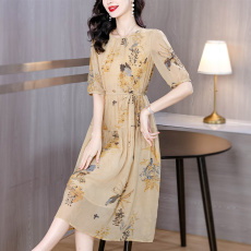 批发新款2026春夏季国风新中式女装双层仿丝V领连衣裙遮肉显瘦中长款