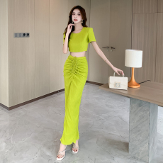 批发视频实拍2026夏季新款时尚网红紧身上衣包臀长裙套装两件套