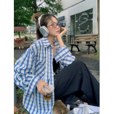 批发实价复古撞色蓝<b class='q'>格子</b><b class='q'>衬衫</b>外套女2026小众设计感薄款Polo领长袖上衣