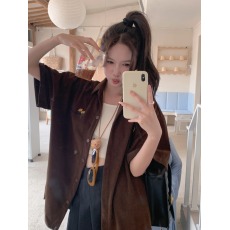 批发美式复古小花朵刺绣灯芯绒<b class='q'>衬衫</b>女2026夏季百搭宽松短袖Polo领上衣