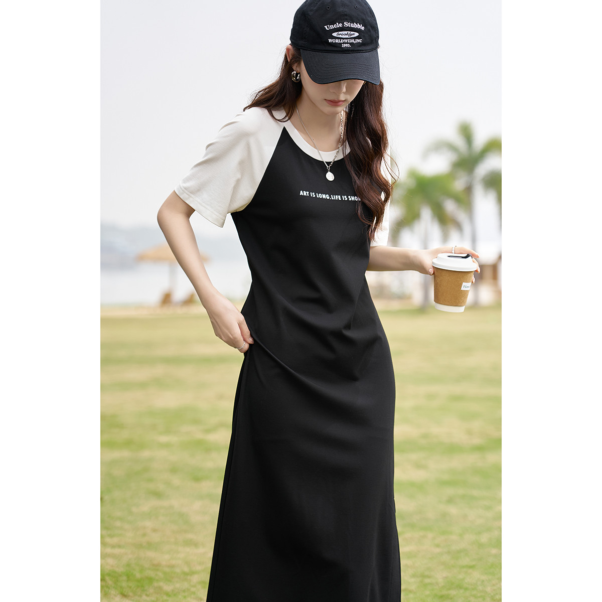 FA31535# 时尚减龄拼接连衣裙新款夏季圆领A型开叉气质女士长裙 服裝批發女裝批發服飾貨源
