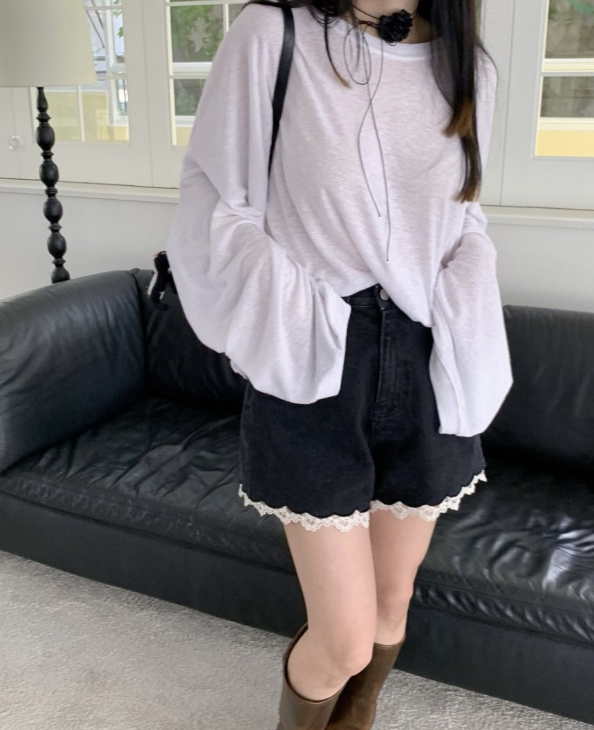 지금 레트로 레이스 측면 패치워크 검정색 하이웨이스트 데님 반바지