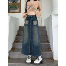 批发实拍复古牛仔<b class='q'>半身裙</b>女早秋季中长款遮胯显瘦<b class='q'>高腰</b>a字开叉包臀裙