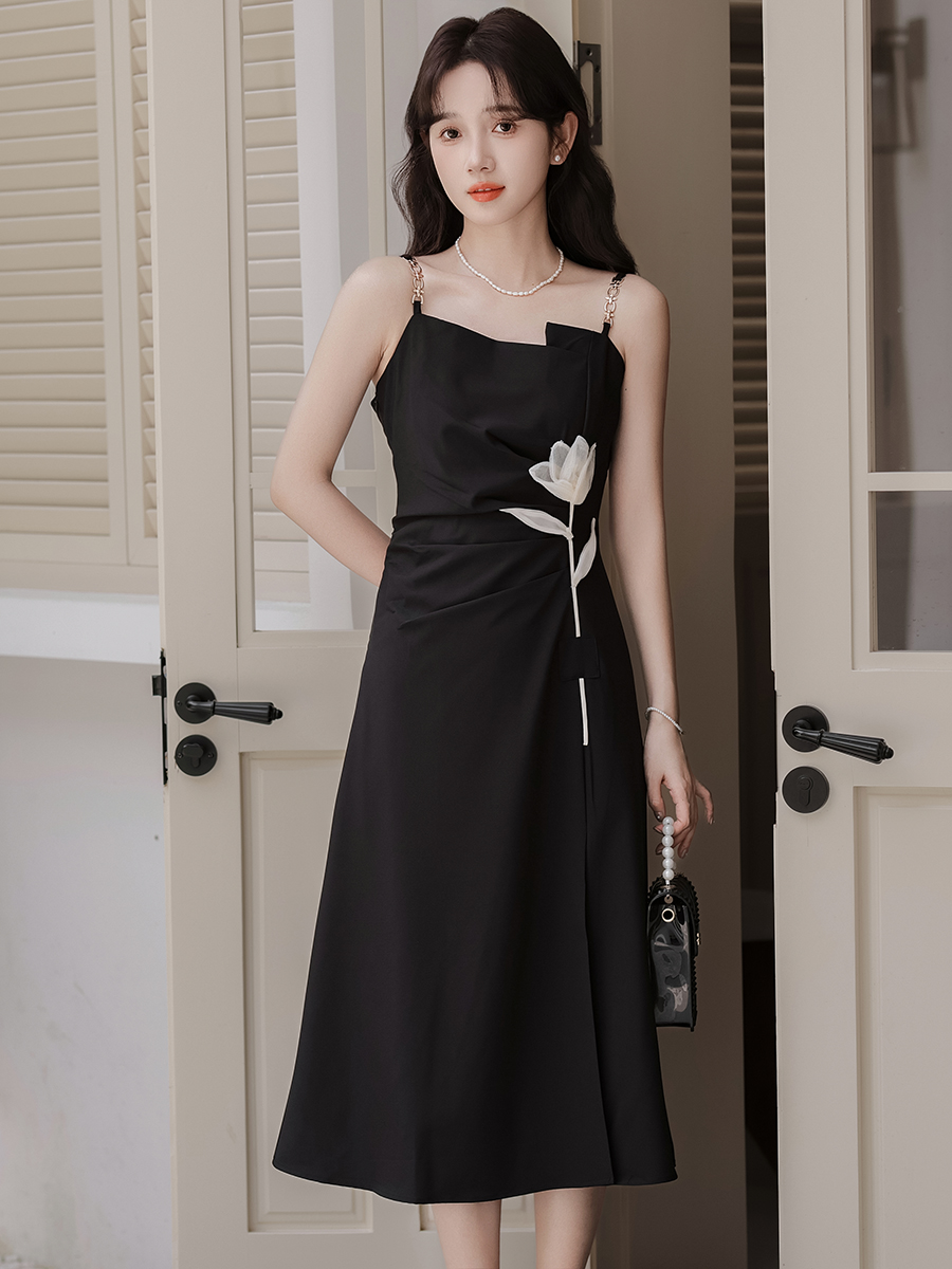 LN35137# 云意花语黑色吊带连衣裙新款女夏季法式设计感 服裝批發女裝批發服飾貨源