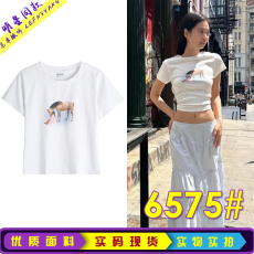 批发JENNIE金智妮<b class='q'>明星</b><b class='q'>同款</b>韩版辣妹露脐卡通印花白色短袖T恤上衣女