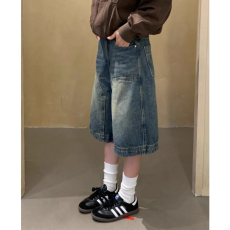 批发大码<b class='q'>女</b>装牛仔裤夏季美式复古高街潮牌五分裤宽松直筒休闲水洗中裤