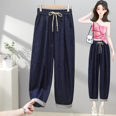 批发实拍大码春秋款深蓝色牛仔哈伦裤蕾丝卷边<b class='q'>松紧腰</b>小脚老爹裤