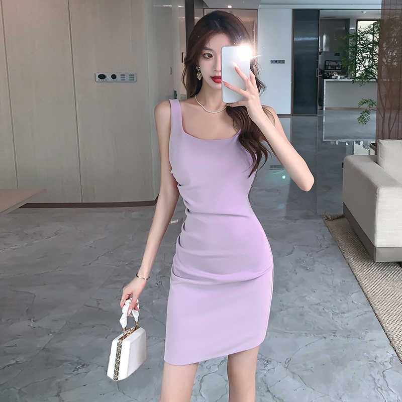 LN35305# 夏季女装法式紫色方领气质修身短款连衣裙吊带裙裙子 服裝批發女裝批發服飾貨源